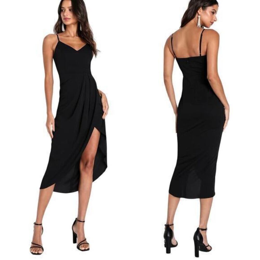 Lulus V Neck Spaghetti Strap Pleated Faux Wrap Reinette Black Midi Dress size L